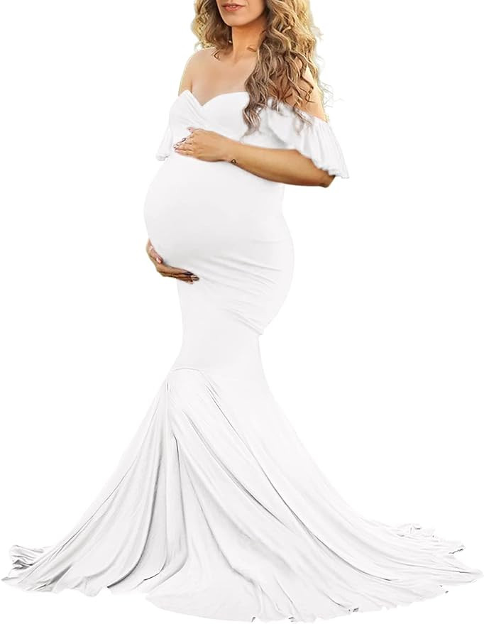 Saslax Off Shoulder Ruffle Sleeves Elegant Fitted Maxi Maternity Dress for Photoshoot Baby Shower | Amazon (US)