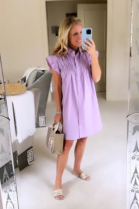 Lavender shirt dress with ruched shoulders and Raffel
Easy fit 
That’s true to size 
Under $100 


#LTKstyletip #LTKSeasonal #LTKover40