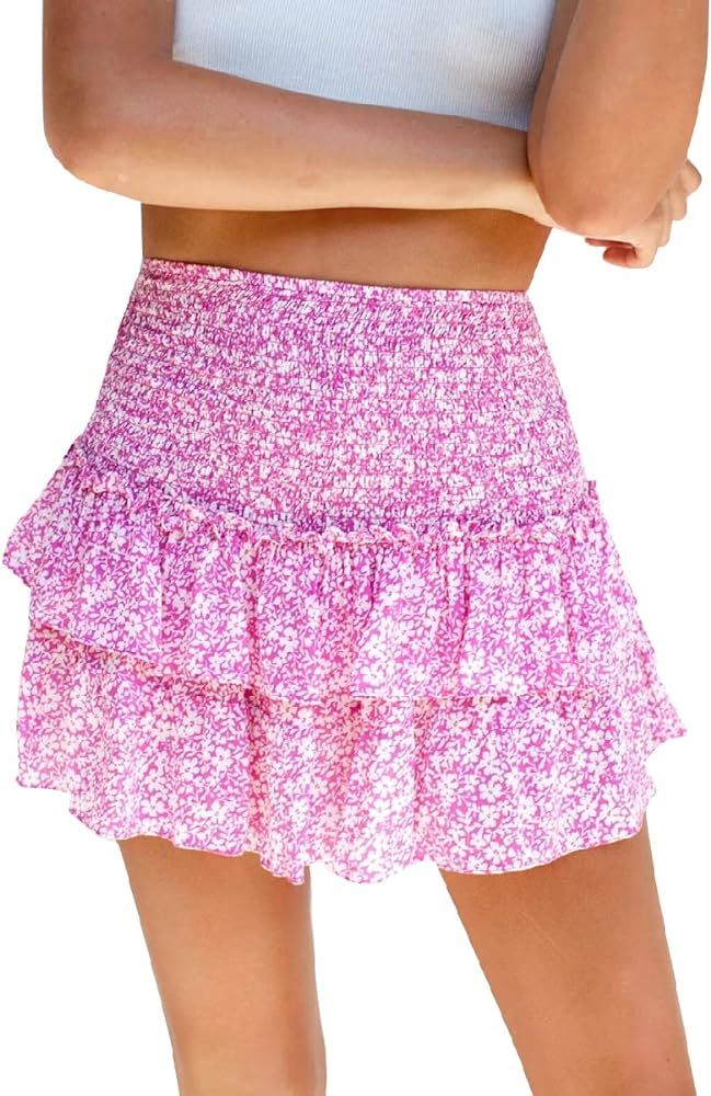 ABAFIP Women Ruffle Mini Skirt Smocked High Waist Floral Print Boho Pleated Layered Short Skirts | Amazon (US)
