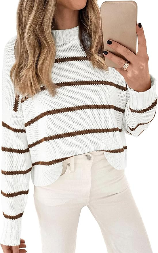 LILLUSORY Womens Cropped Striped Sweater Casual Pullover Ribbed Knit Cute Crewneck Sweaters | Amazon (US)