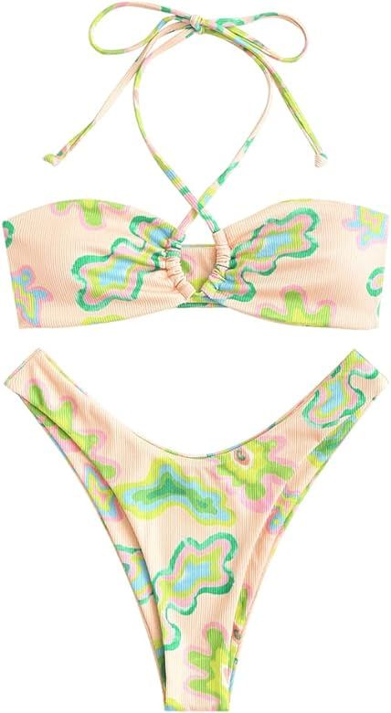 ZAFUL Women's Tie Dye Ribbed O Ring Lace Up Tie Side Bandeau Bikini Set Two Piece Swimsuit Sexy S... | Amazon (US)