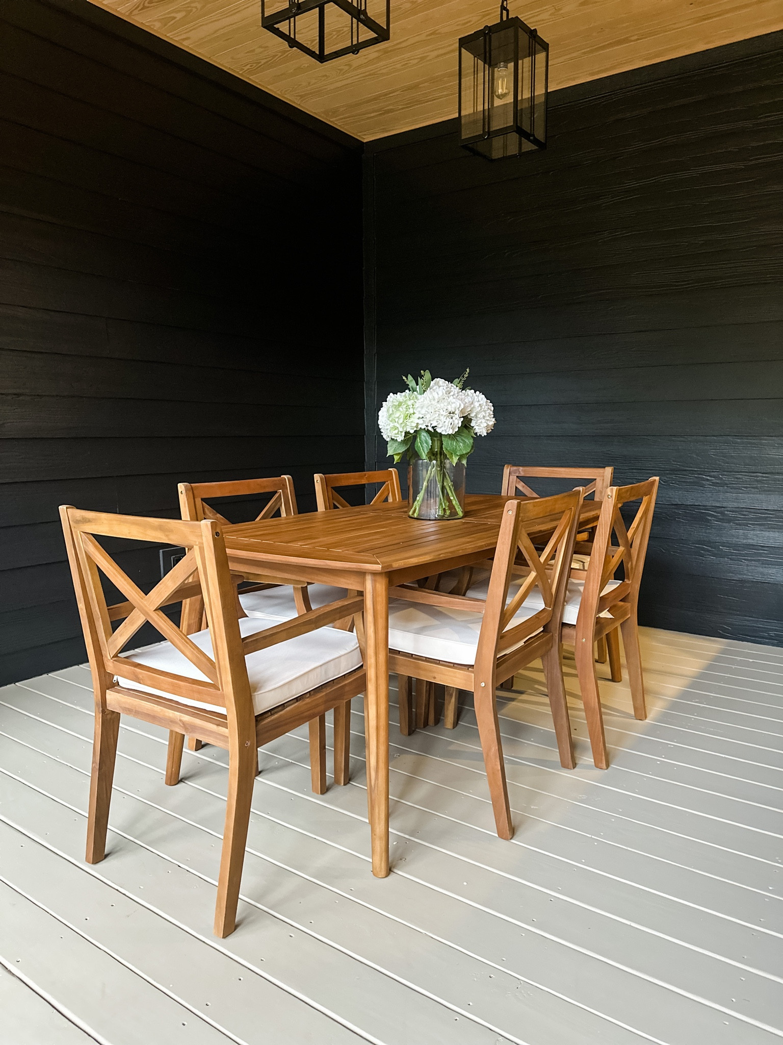 Outdoor dining set.  Beautiful acacia wood and cream cushions.  

#LTKhome