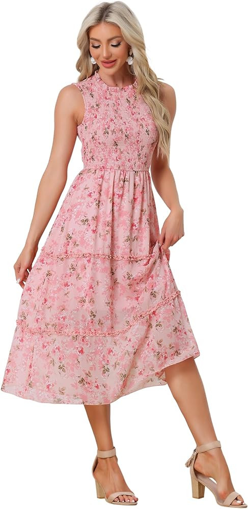 Allegra K Sleeveless Floral Dress for Women's Ruffles Crew Neck Chiffon Smocked Dresses | Amazon (US)