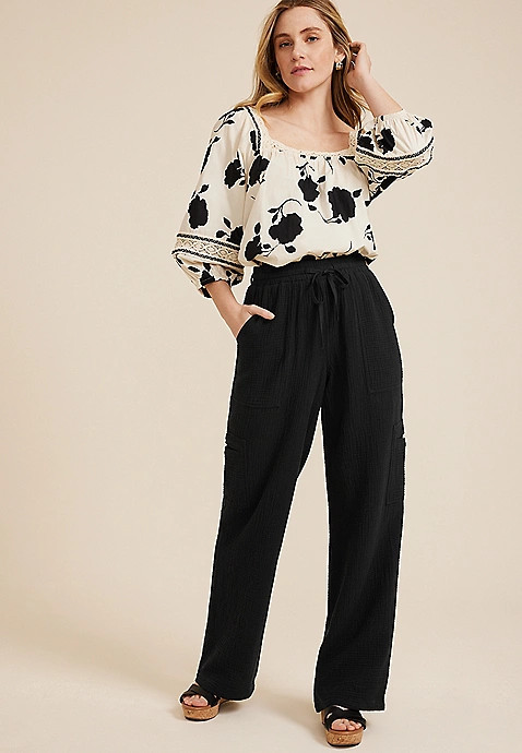 High Rise Double Cloth Cargo Wide Leg Pant | Maurices