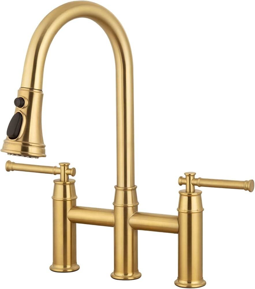 Brushed Gold Bridge Kitchen Faucet with Pull Down Sprayer, Lava Odoro Transitional Brass Kitchen ... | Amazon (US)