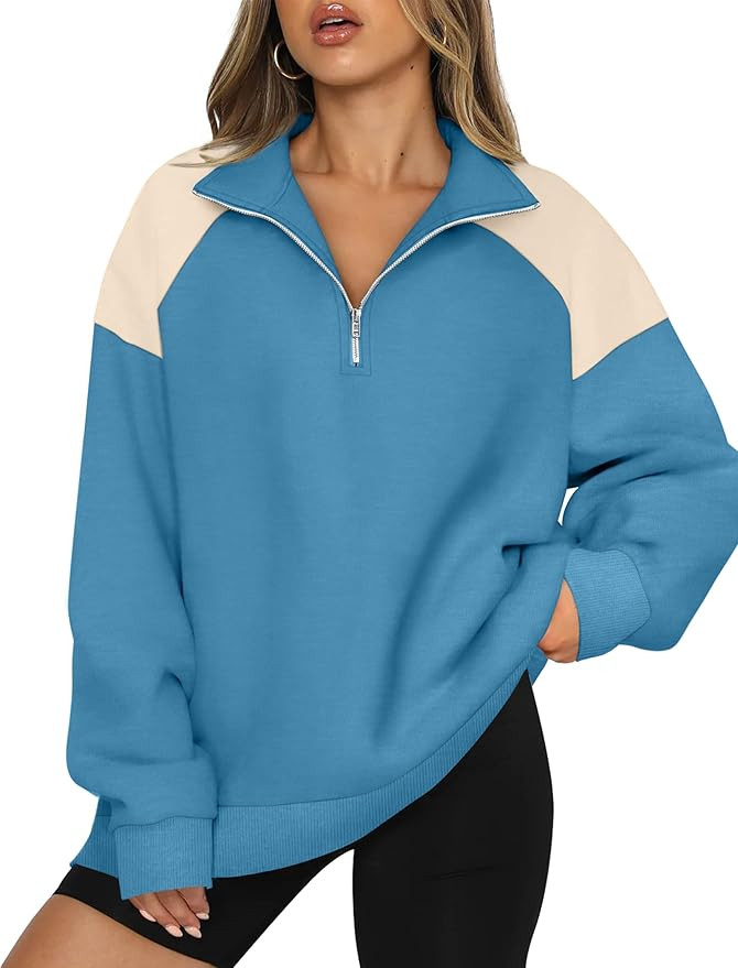 WIHOLL Oversized Quarter Zip Sweatshirts For Women Color Block Pullover Hoodies Sweaters Fall Out... | Amazon (US)