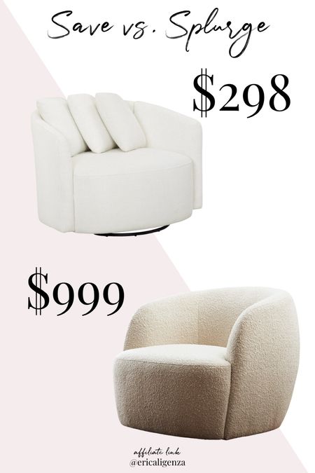 Save vs splurge! CB2 boh me chair for $999 vs Walmart Sherpa chair for a third of the price! 

Swivel arm chair // Sherpa chair // boucle chair // cream arm chair // chair for nursery // living room chair // comfy arm chair 

#LTKFind #LTKfamily #LTKhome