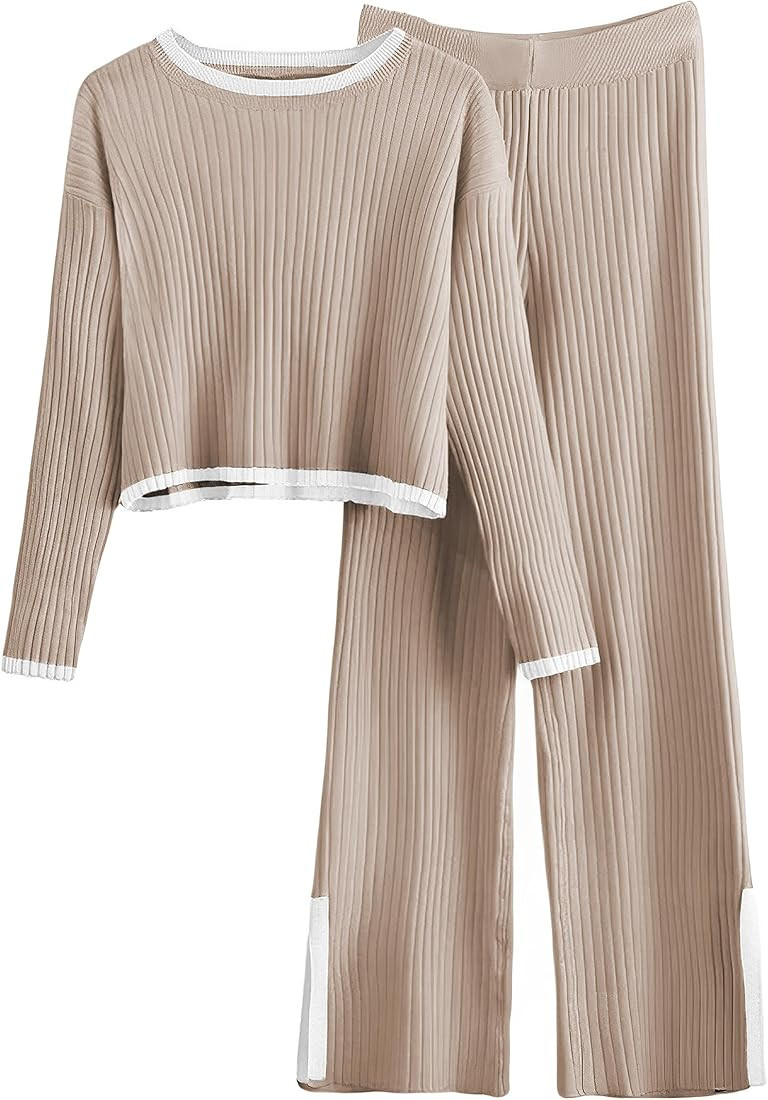 Ailoqing Sweater Sets Women 2 Piece Lounge Sets Long Sleeve Crop Pullover Tops High Waist Wide Leg P | Amazon (US)