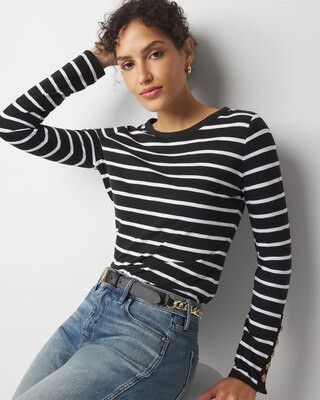 Women's Long Sleeve Crewneck Tee in Dusk Stripe Black size XS | White House Black Market | White House Black Market