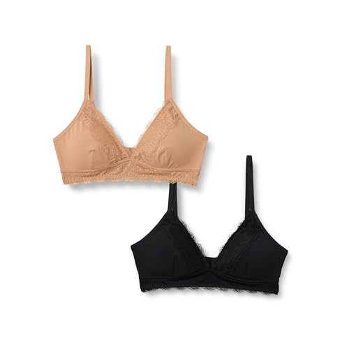 Amazon Essentials Women's Peached Microfibre with Lace Trim Lined V Neck Bralette, Pack of 2, Black/Washed Bronze, X-Small | Amazon (US)
