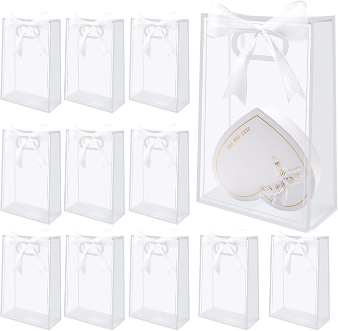 12 Pcs Clear Gift Bags with Handles 7.1"x10.2"x3.2" Plastic Party Favor Bag with Ribbon Reusable ... | Amazon (US)