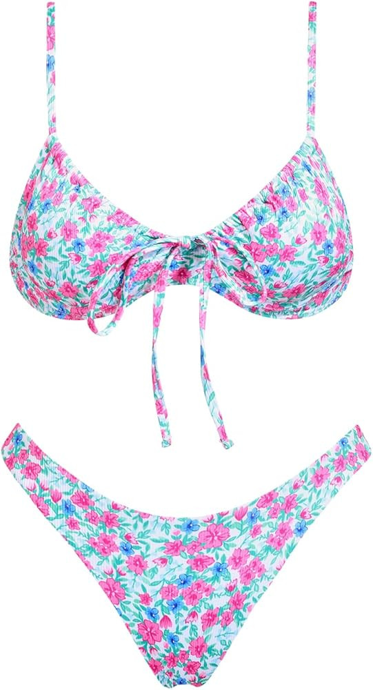Women's Triangle Bikini Set Swimsuit Print Push Up Elastic Tie String Top Ribbed Two Piece Bathing Suit | Amazon (US)
