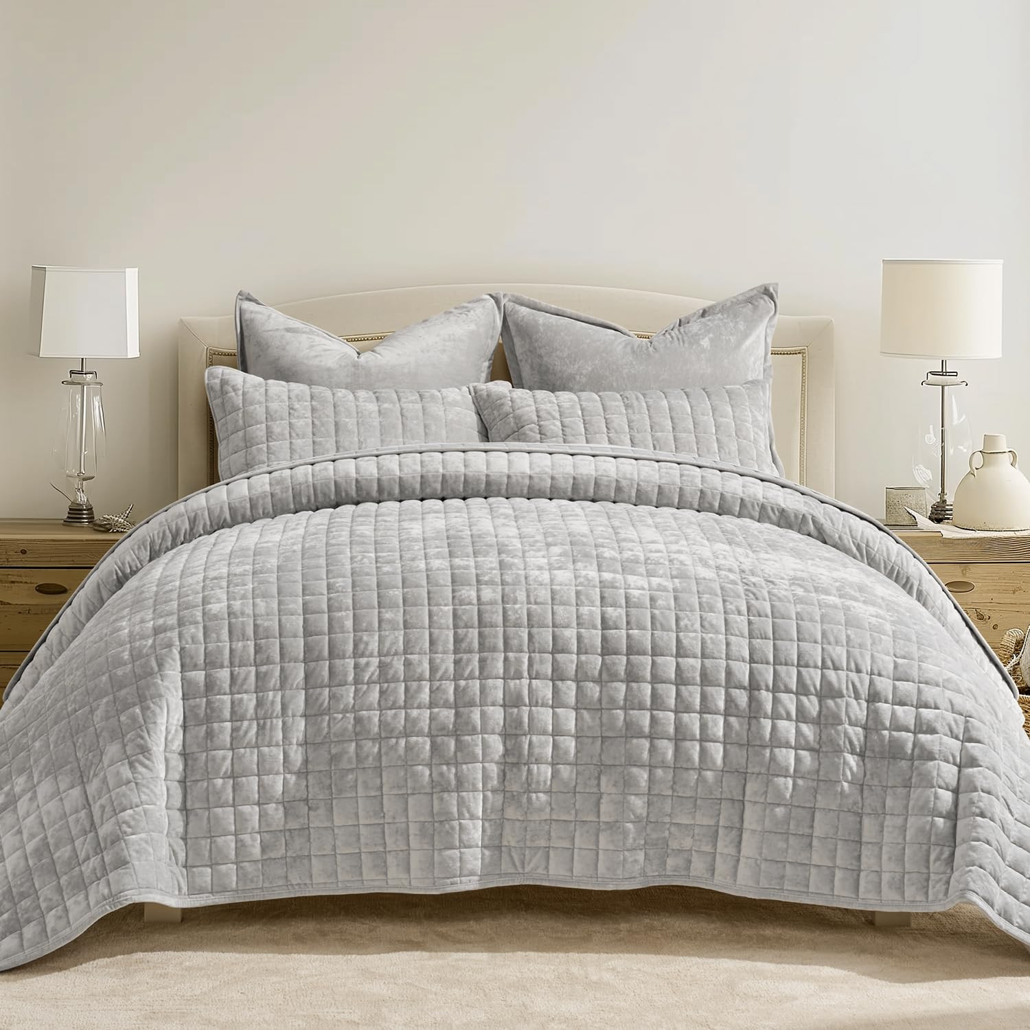 RECYCO Luxury Velvet Quilt Set Full Queen Size Bedding Sets, Ultra Soft Velvet Comforter Set, Lightweight Channel Box Stitch Oversized Bedspread Coverlet for All Season, with 2 Shams, Frost Gray | Amazon (US)