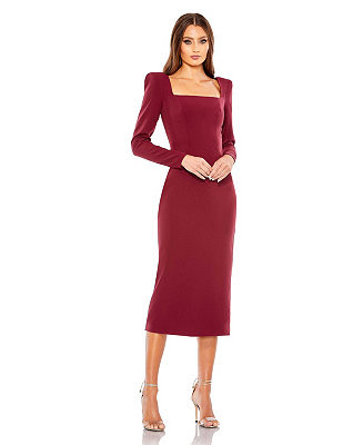 Women's Ieena Solid Square Puff Long Sleeve Fitted Midi Dress - Macy's | Macy's