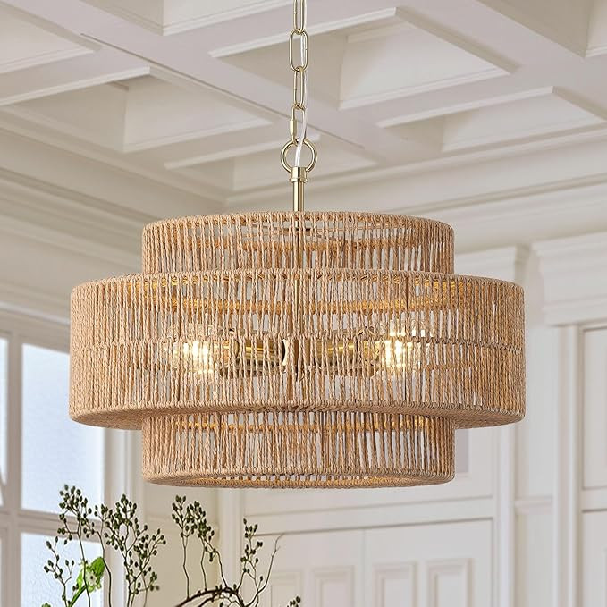 17.7"Large Boho Rattan Farmhouse Chandeliers for Dining Room,4-Light Rattan Hand-Woven Rustic Dru... | Amazon (US)