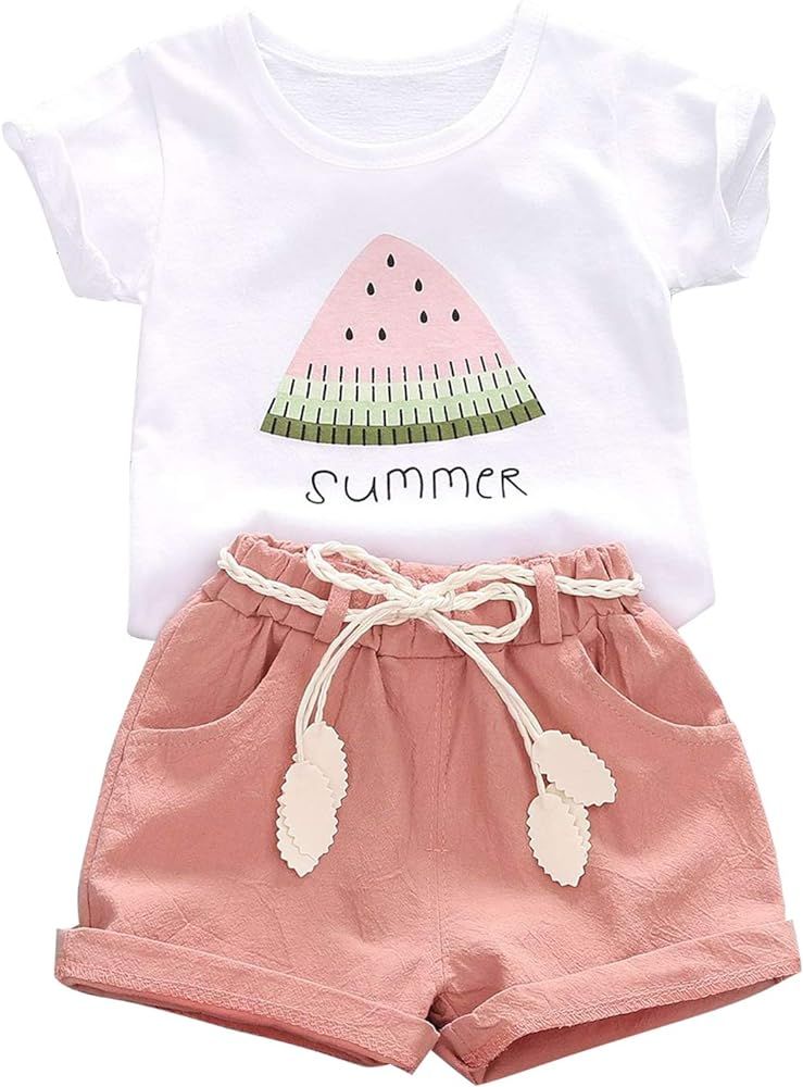 1-4T Toddler Kids Baby Girls Summer Outfits Clothes Watermelon Print Tops + Shorts Pants with Bel... | Amazon (US)