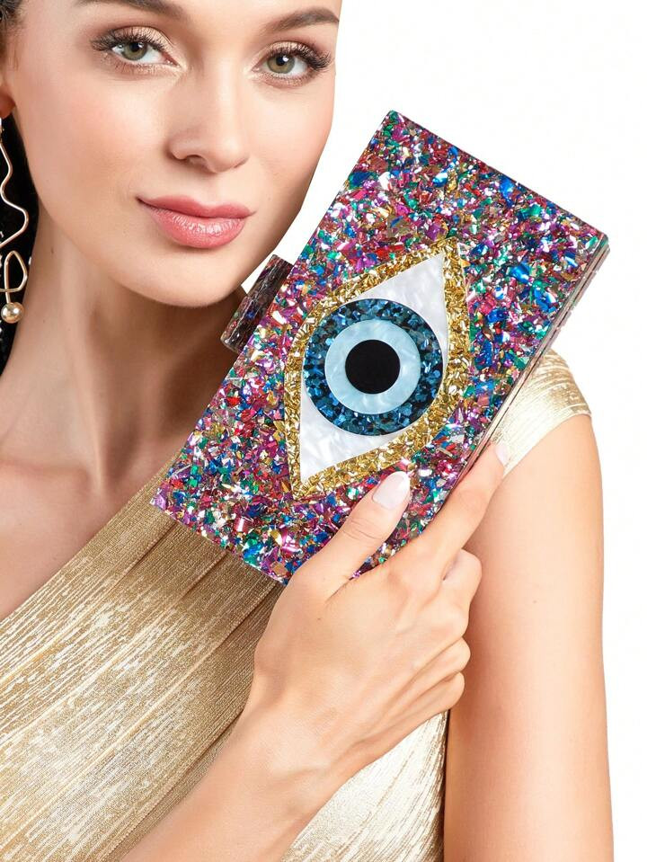 Acrylic  Clutch Purses For Women-Evil Eye Acrylic Clutch Glitter Multicolor Purse Evening Bag Cha... | SHEIN