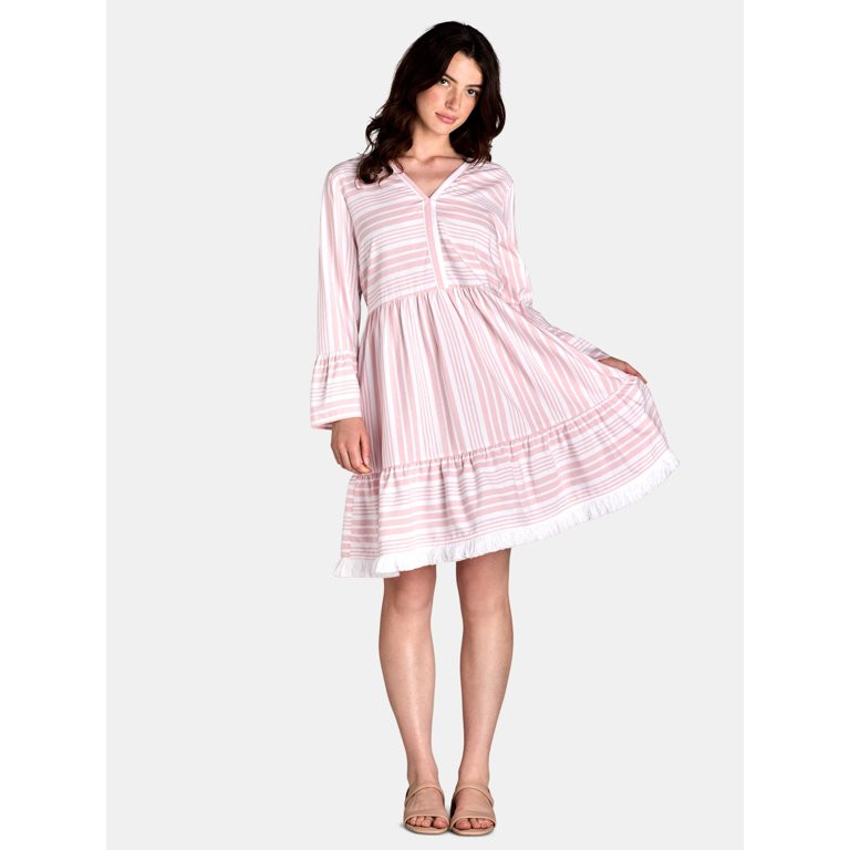 Time and Tru Women's A-Line Fringe Dress with Long Sleeves, Sizes XS-XXXL - Walmart.com | Walmart (US)