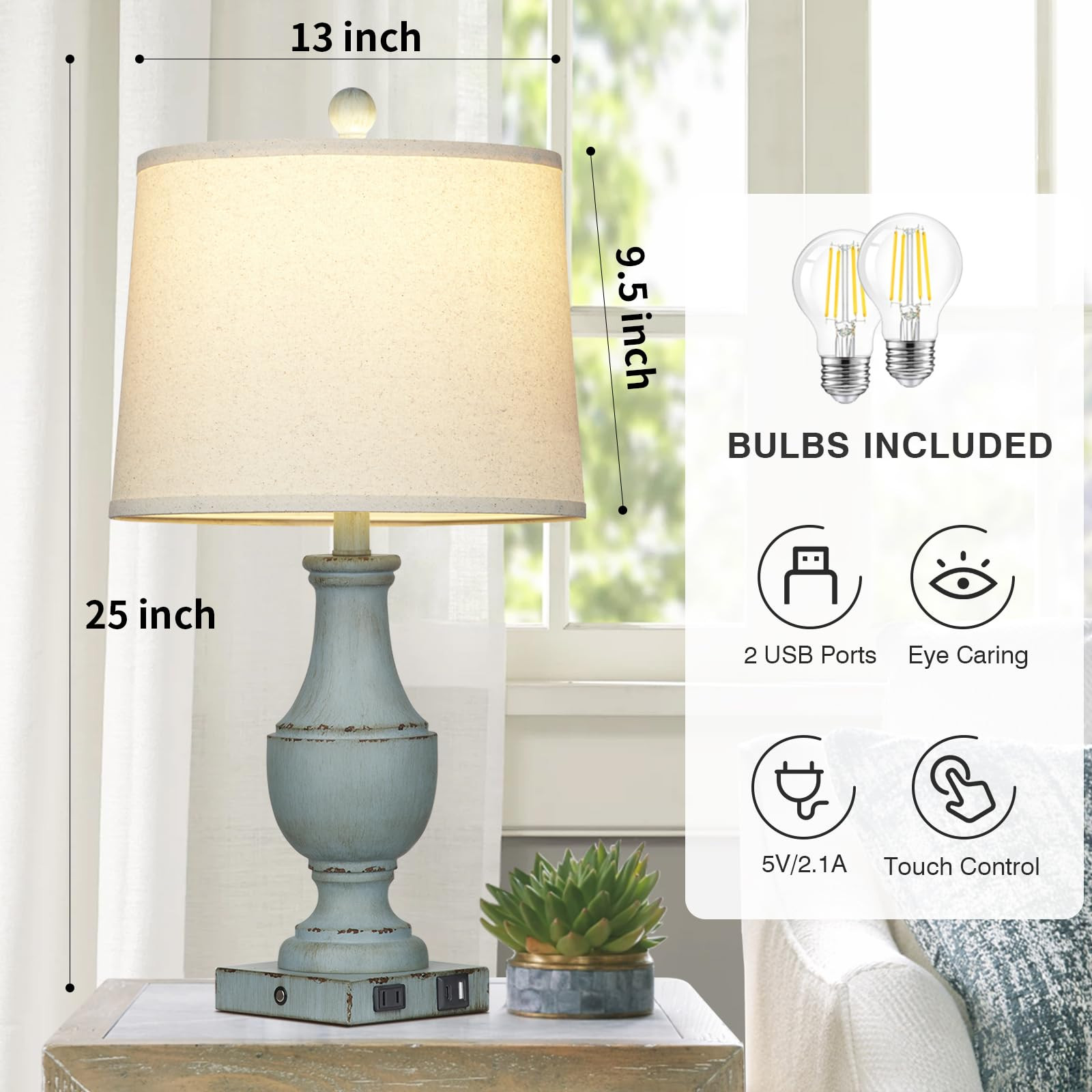 Farmhouse Table Lamps Set of 2, Rustic Touch Control Bedside Lamps with 2 USB Ports & AC Outlet, ... | Amazon (US)