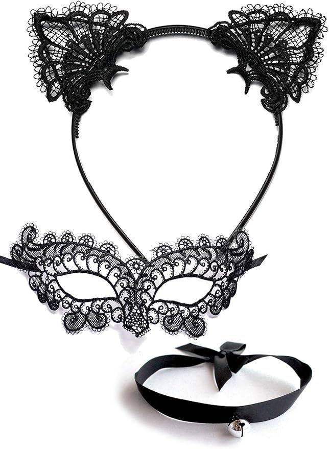 Amazon.com: Black Cat Costume for Women with Sexy Masquerade Mask, Lace Cat Ears Headband & Kitty... | Amazon (US)