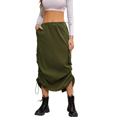 Clearlove Women's Midi Cargo Skirt Ruched Drawstring Side High Waist Casual Skirts Streetwear with Pockets,army green,XL | Target