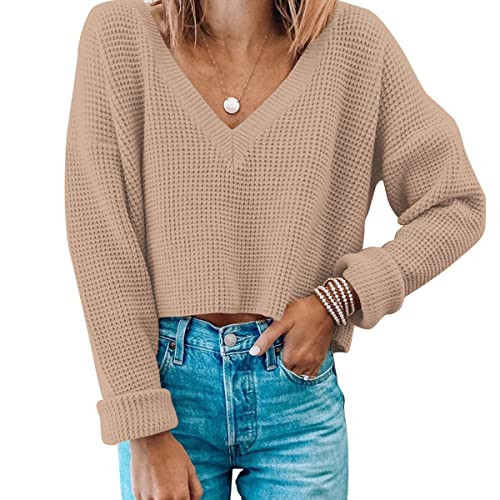 Jumppmile Womens V Neck Waffle Knit Cropped Top Long Sleeve Pullover Crop Sweater Sand Beige XS | Amazon (US)