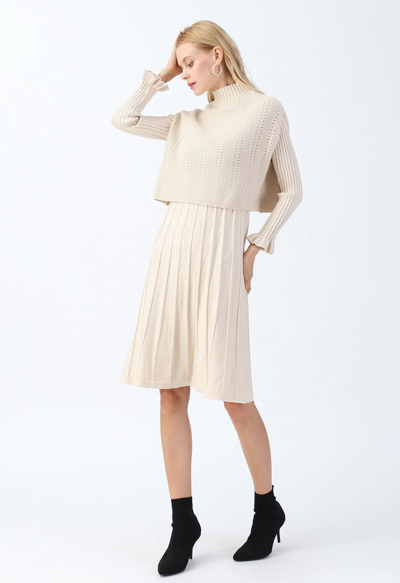 Mock Neck Pleated Knit Twinset Dress in Cream | Chicwish