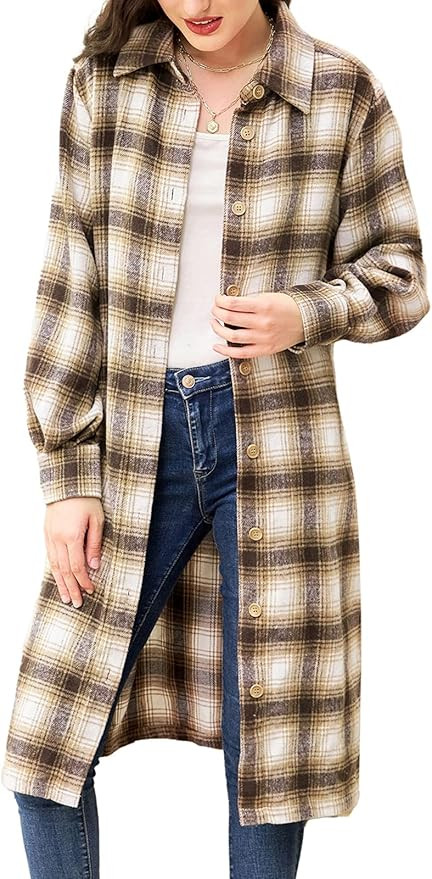 GRACE KARIN Women's Casual Plaid Lapel Wool Blend Button Down Shirt Coat Long Jacket Shacket | Amazon (US)