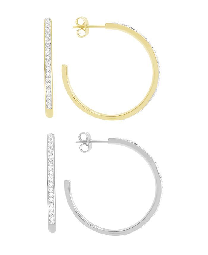 Essentials High Polished Clear Crystal Duo C Hoop Earring Pair, Gold Plate and Silver Plate & Rev... | Macys (US)