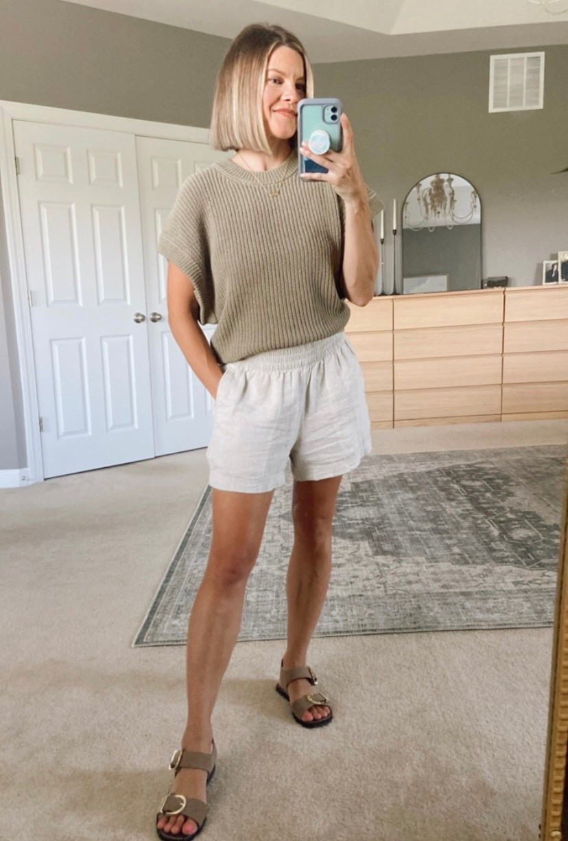 Knit sweater vest in a pretty tan/green color!! Linen shorts from Old Navy.
The sweater shirt and sandals look so good together!

#LTKOver40 #LTKFindsUnder50 #LTKPetite