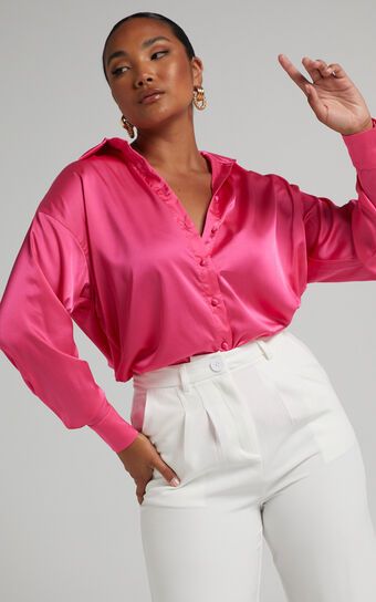 Blaze Oversized Relaxed Shirt in Hot Pink Satin | Showpo (US, UK & Europe)