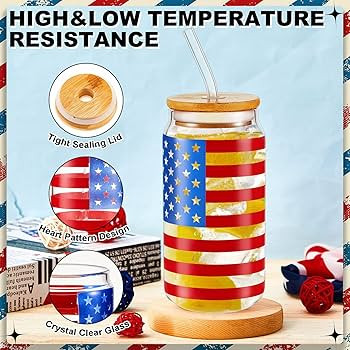 4 Set 16 oz 4th of July Cups American Flag Glass Cups with Lids and Straws for Kids Independence ... | Amazon (US)