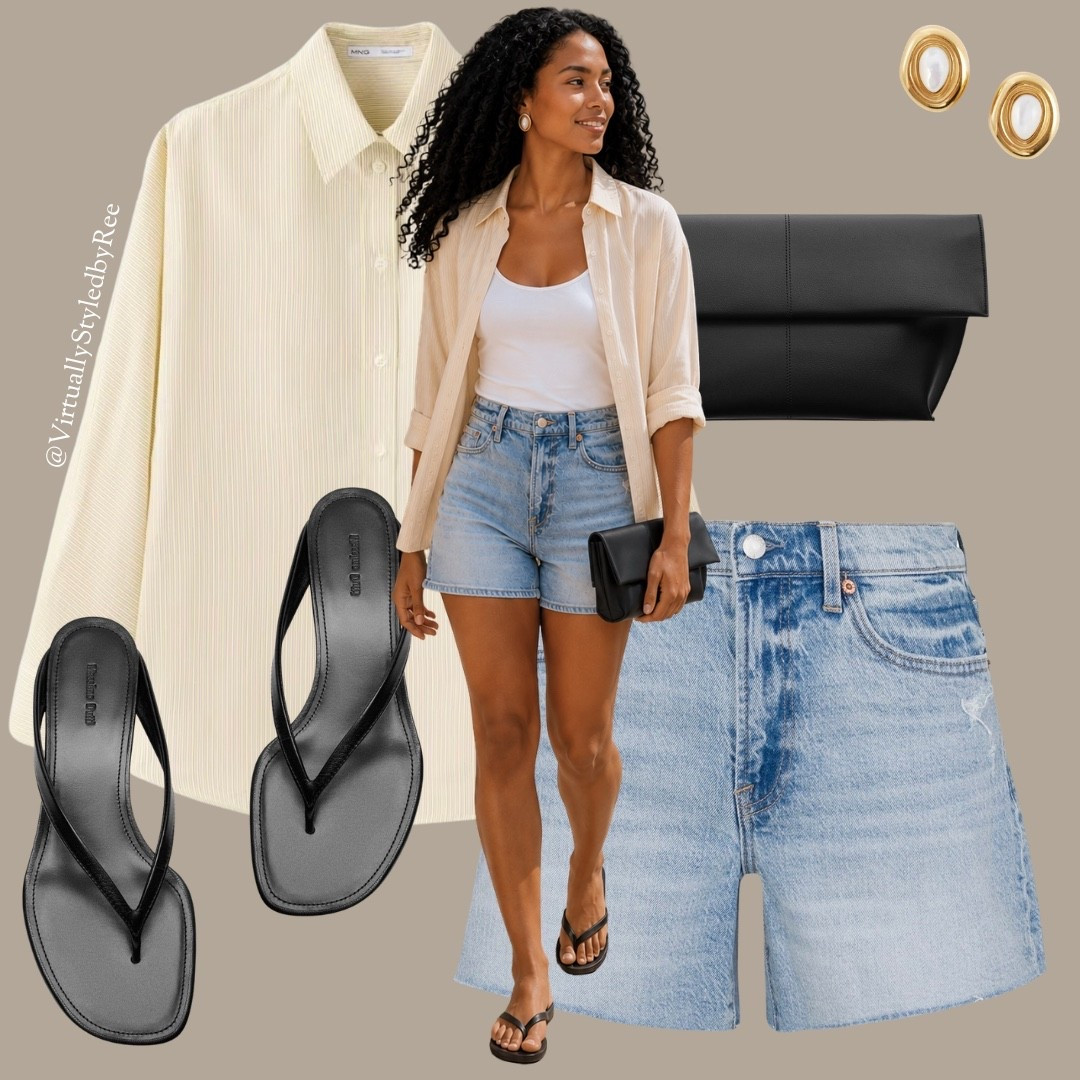 The kind of outfit you’ll reach for all summer 🤍 An oversized stripe shirt layered over a classic white cami, denim shorts, sleek black kitten heel wedge sandal and a minimal clutch. Easy, elevated and perfect from morning coffee to golden hour strolls. ☀️✨

#LTKStyle #SummerCapsuleWardrobe #NeutralStyle #MinimalStyle #LinenShirt #DenimShorts #SummerOutfit #VacationStyle #CoastalChic #SouthOfFranceStyle #QuietLuxury #OldMoneyStyle #EverydayStyle #ResortWear #LTKUK #LTKEurope #EffortlessStyle #SummerFashion #WardrobeEssentials #ClassicStyle

#LTKuk #LTKsummer #LTKeurope