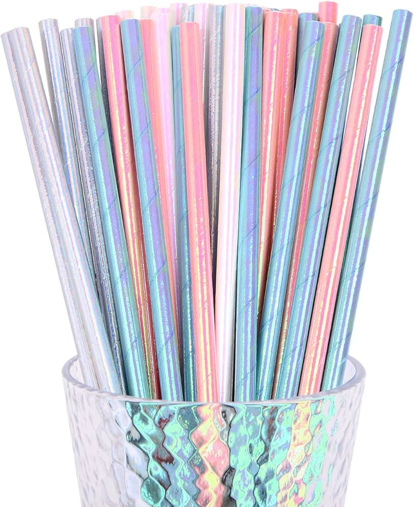 YAOSHENG Iridescent Paper Straws, Pack 100 for Party Supplies,Birthday,Wedding,Bridal/Baby Shower... | Amazon (US)