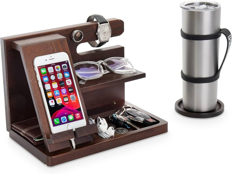 Wood Docking Station for Men and Mens Nighstand Organizer - Wooden Phone Docking Station - Wooden... | Amazon (US)