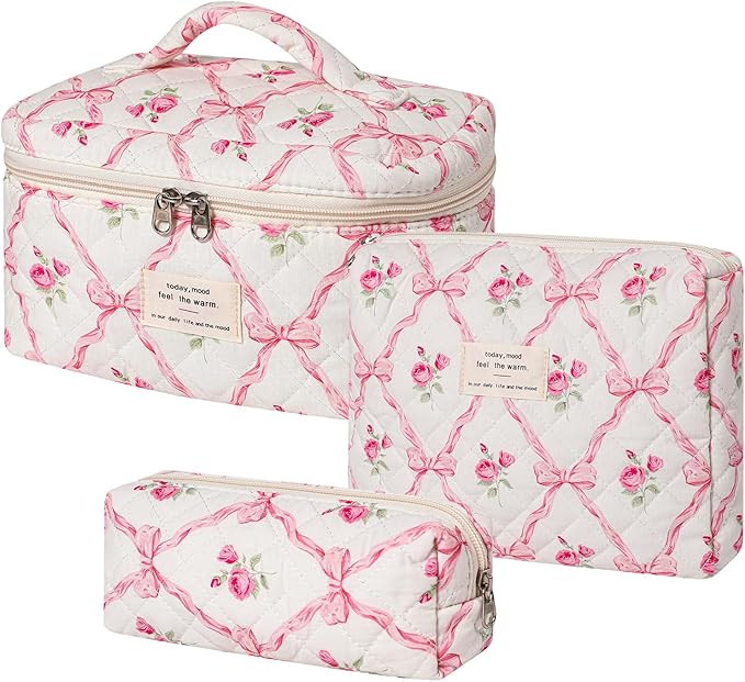 uekeboag 3Pcs Quilted Cotton Makeup Bag,Coquette Quilted Toiletry Bag for Women and Girls,Floral ... | Amazon (US)