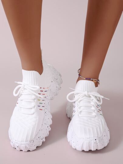 Striped Pattern Knit Detail Slip On Running Shoes | SHEIN