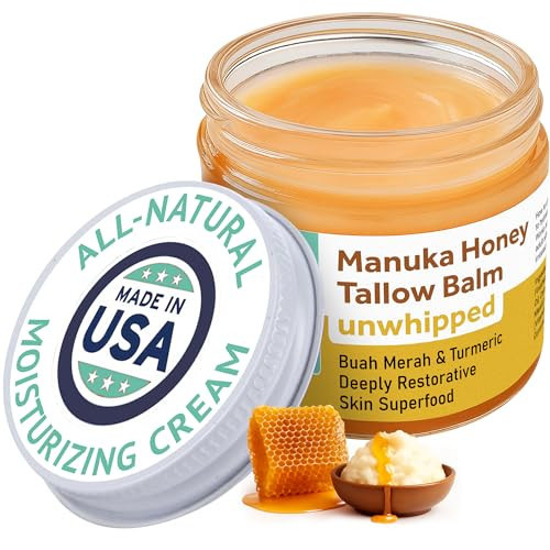 Manuka Honey Unwhipped Tallow Balm – Handmade Grass-Fed Beef Tallow with Frankincense, Vitamin E, Castor Oil, Buah Merah & Turmeric – Hydrates & Nourishes Skin for Men, Women & Kids – 2oz Glass Jar | Amazon (US)