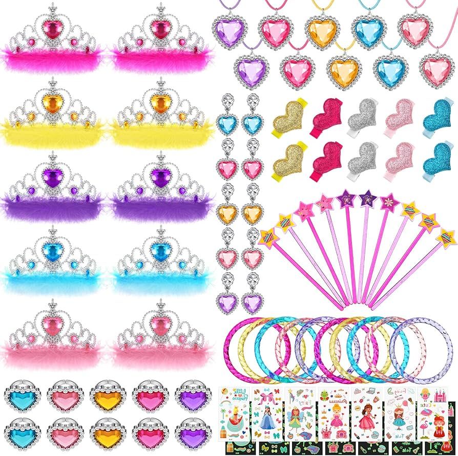 Sratte 104 Pcs Princess Party Favors Girls Dress up Games Jewelry Crown Stickers Wand Princess Ri... | Amazon (US)