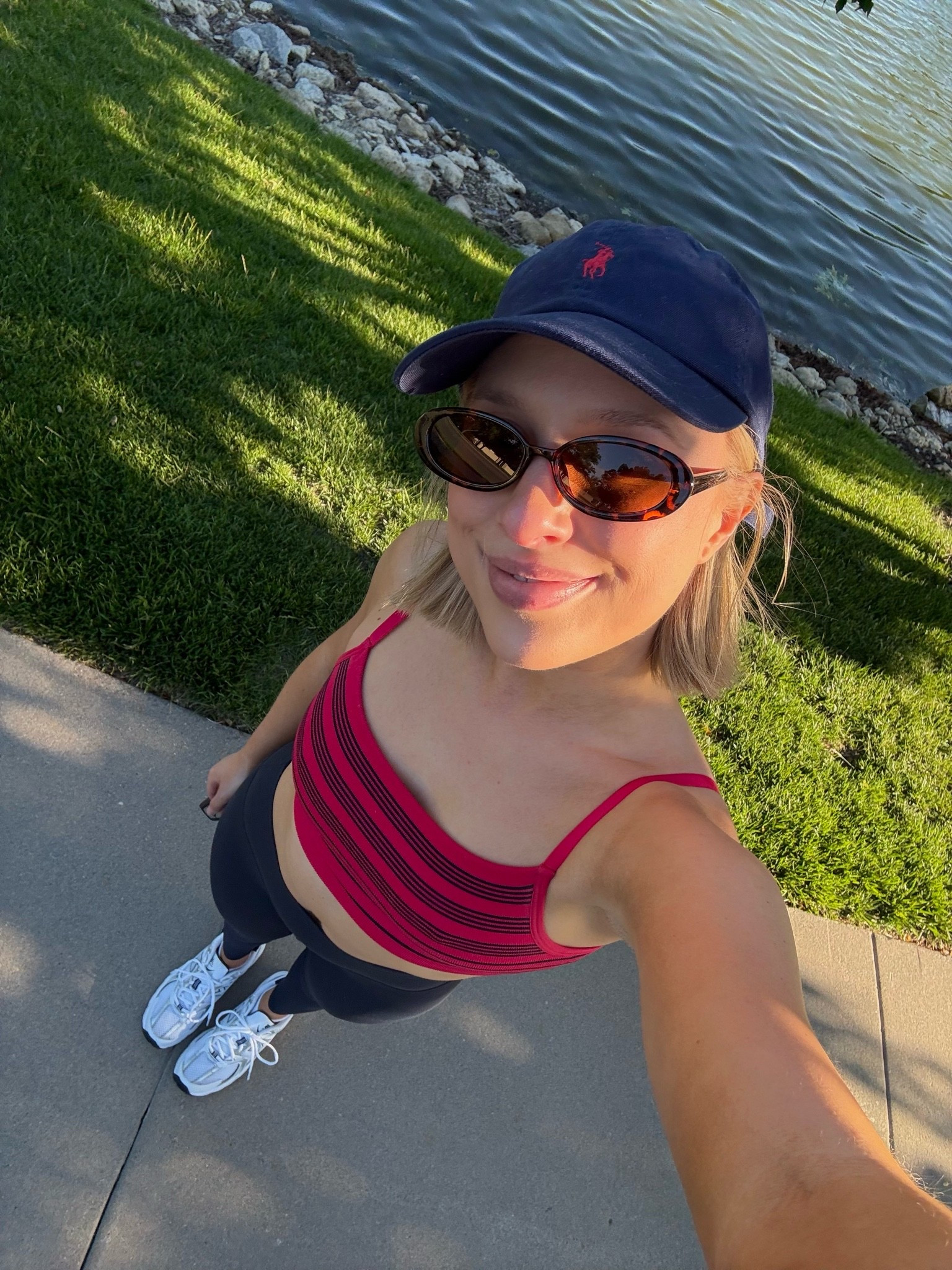 Wearing a size S in my Target striped sports bra (Matching biker shorts avail too!) 
Polo Ralph Lauren ball cap
Amazon navy leggings in size XS
New Balance 530’s
Oval tortoise sunnies

#LTKdayinmylife #LTKootd #LTKActive