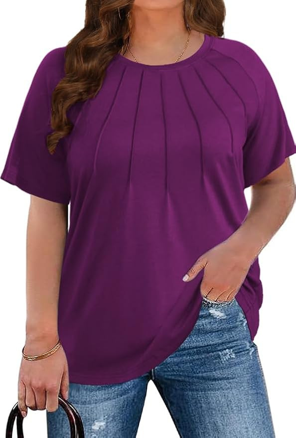 CARRROTMOB Plus Size Blouses for Women Pleated Casual Short Sleeve Round Neck Shirts Dressy Loose... | Amazon (US)