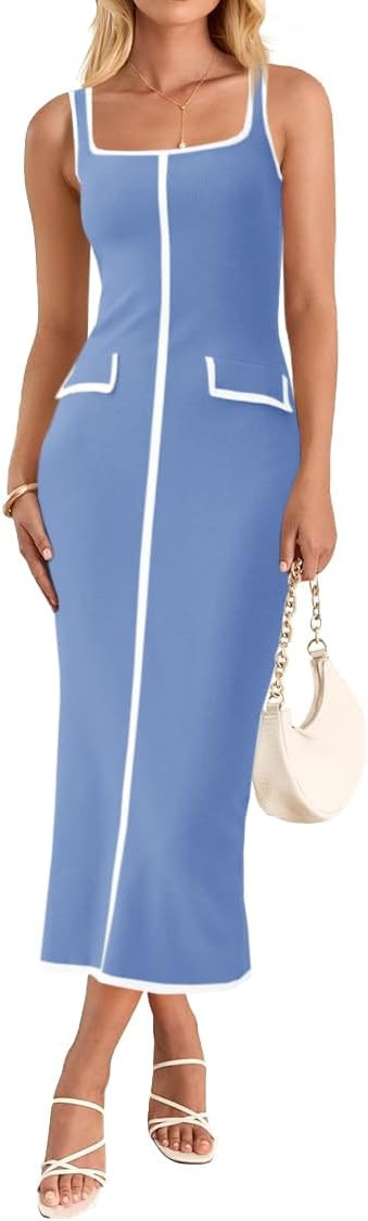 Saodimallsu Womens Summer Sleeveless Midi Dress Square Neck Knit Cocktail Bodycon Color Block Tan... | Amazon (US)