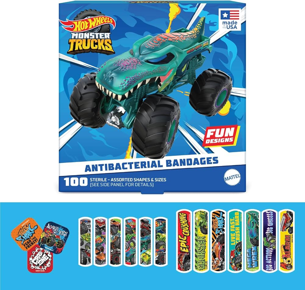Hot Wheels Monster Trucks Antibacterial Kids Bandages, 3 Assorted Sizes 100 CT | Wear Like Sticke... | Amazon (US)
