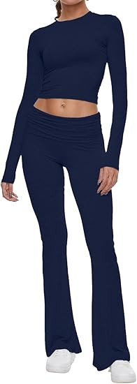 AnotherChill Women's 2 Piece Lounge Sets Fold-over Flare Pants Set Long Sleeve Cropped Top Casual... | Amazon (US)