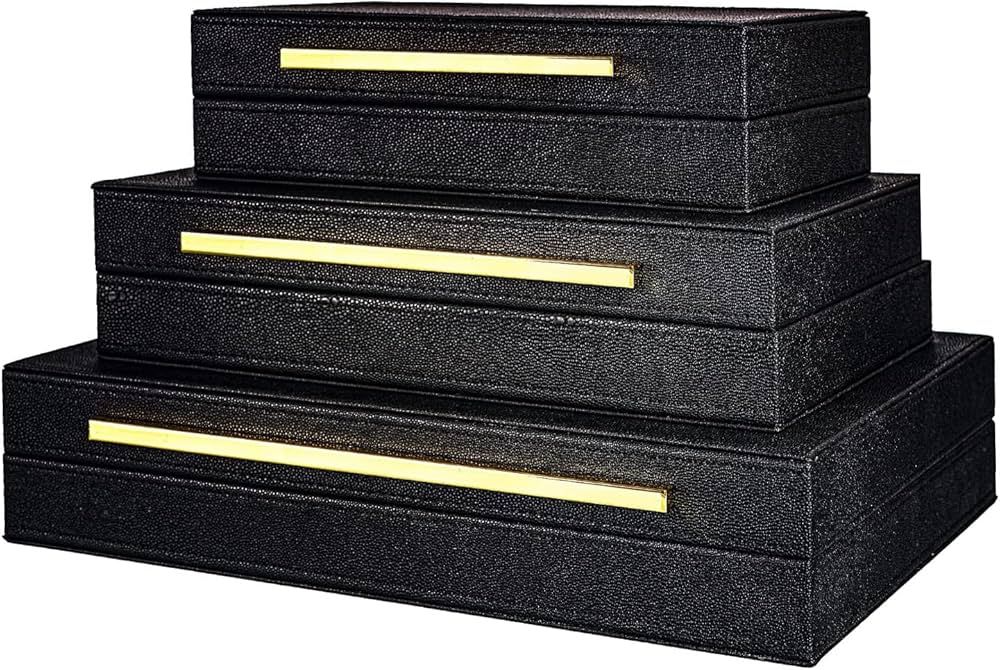 XINSTAR Faux Black Shagreen Leather Decorative Boxes ,Decorative Storage Boxes With Lids 3 Pcs Se... | Amazon (US)