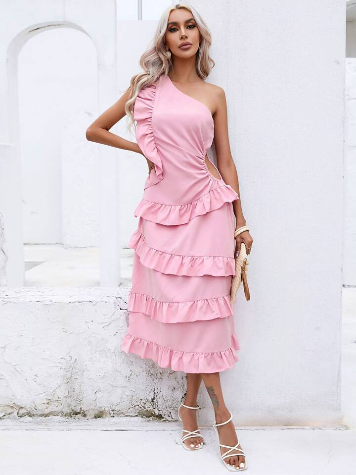 SHEIN Privé Cutout Waist One Shoulder Ruffle Hem Dress | SHEIN
