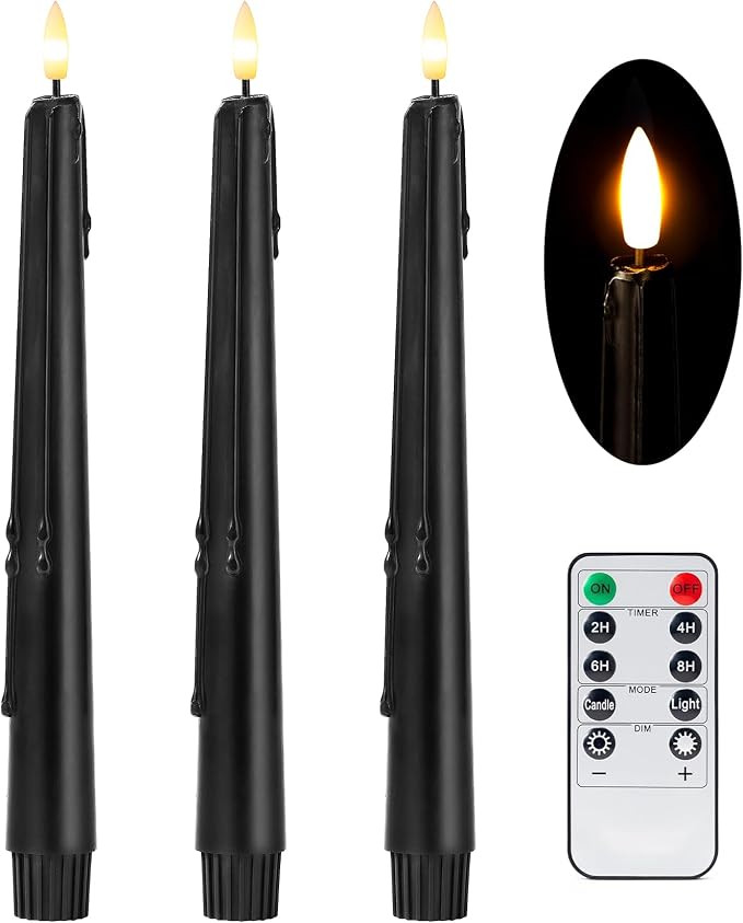 Black Flameless Taper Candles with Remote and Timer - 9.65 Inch Real Wax LED Candlesticks - Wax D... | Amazon (US)