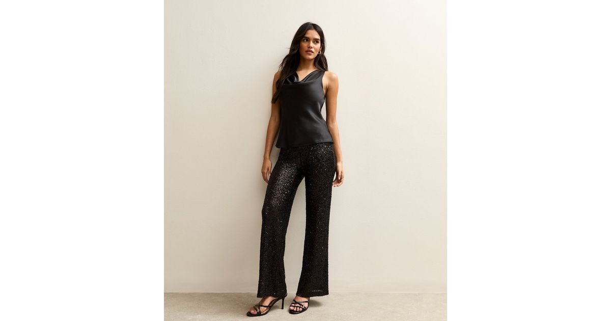 Black Sequin Soft Touch Wide Leg Trousers | New Look | New Look (UK)