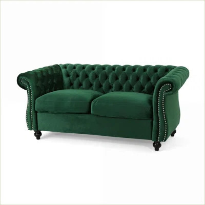 Loveseat Sofa, Traditional Chesterfield Style with Deep Tufting & Rolled Arms, 61.75” Wide | Navy Blue Velvet | Wayfair North America