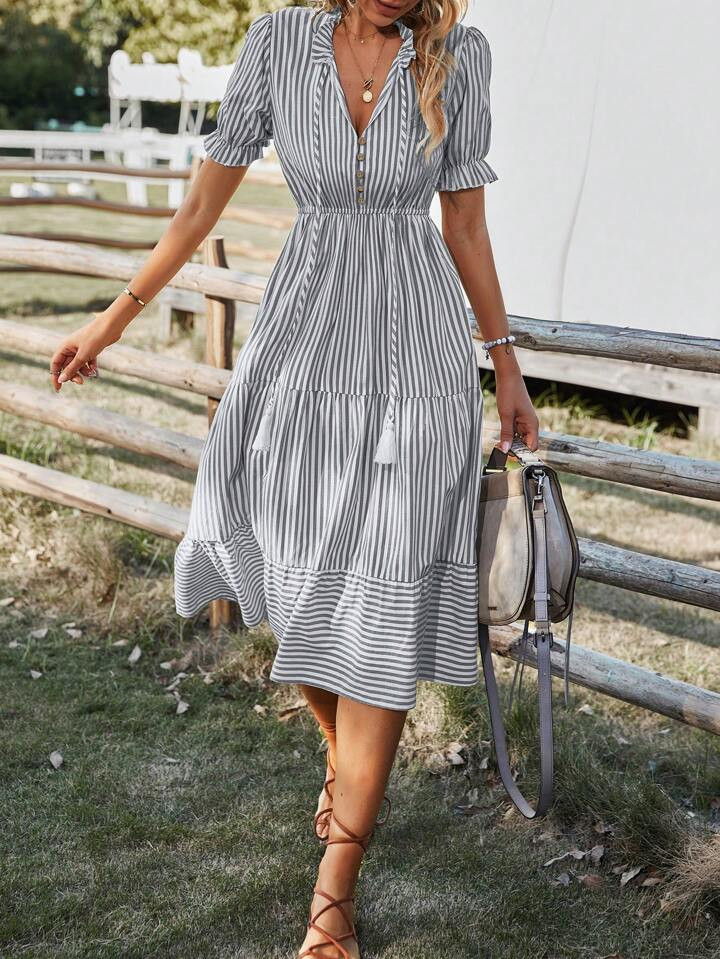 SHEIN LUNE Striped Print Puff Sleeve Ruffle Hem Dress | SHEIN